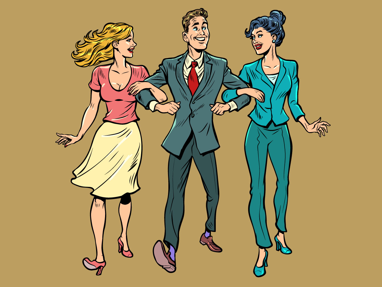 Date man with two girls unconventional marriage friends are walking cartoon image