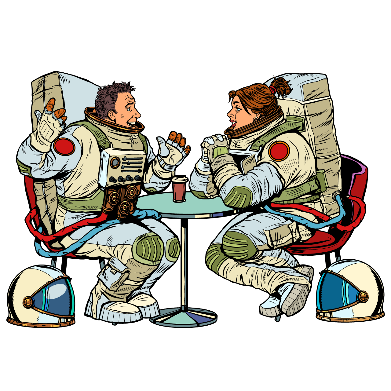 Funny clipart astronauts man woman couple date cafe meeting two friends transparent background png