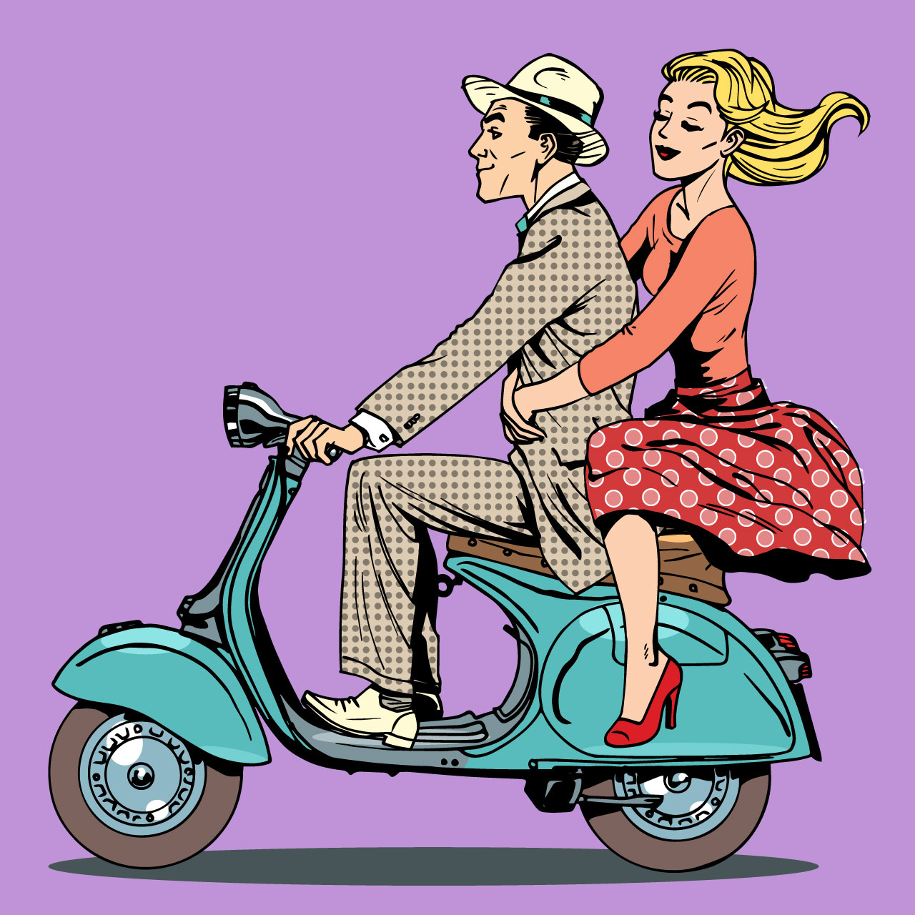 Funny clipart man and woman scooter retro cartoon image hand drawing sketch