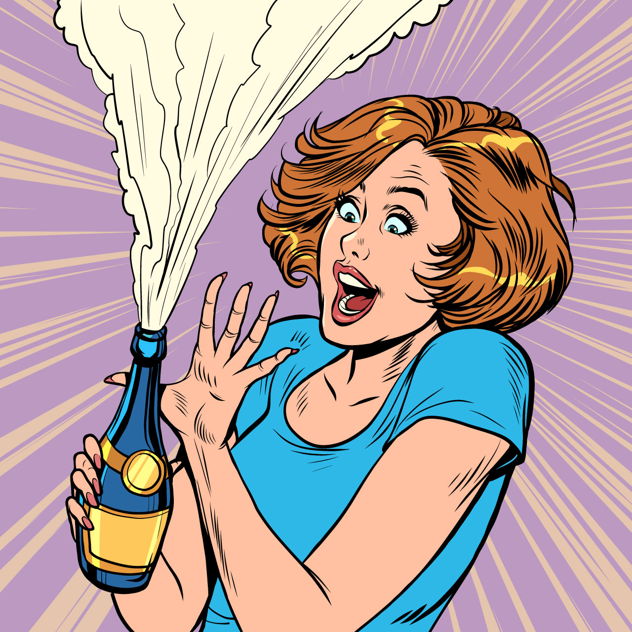 Funny clipart woman opens bottle champagne celebration cartoon image