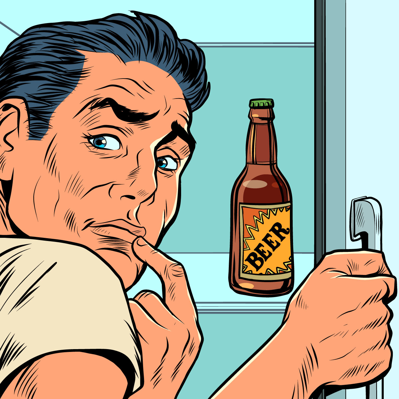 Man near refrigerator with beer alcohol addiction cartoon image