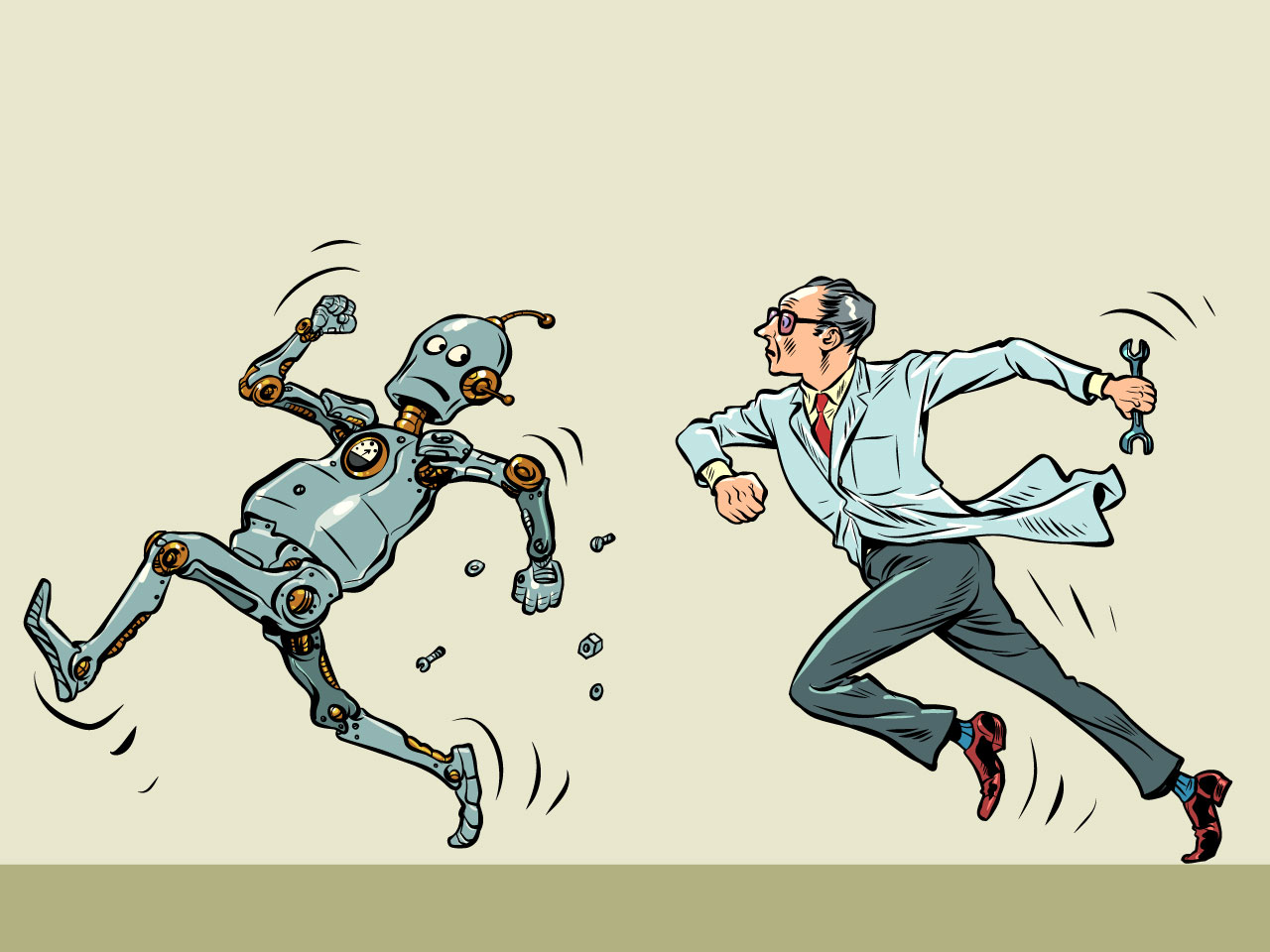Robot runs away from scientist man artificial intelligence people concept lab escape