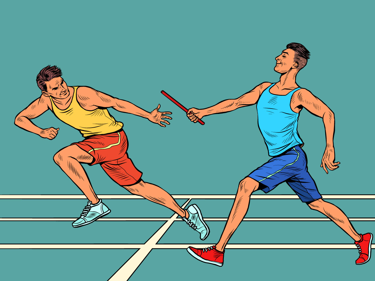 Sports relay passing baton men athletes race cartoon image