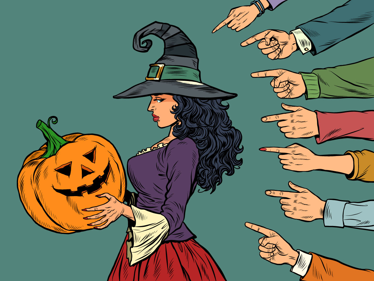 Witch woman with pumpkin halloween seasonal holiday shame shaming bullying theme pop art