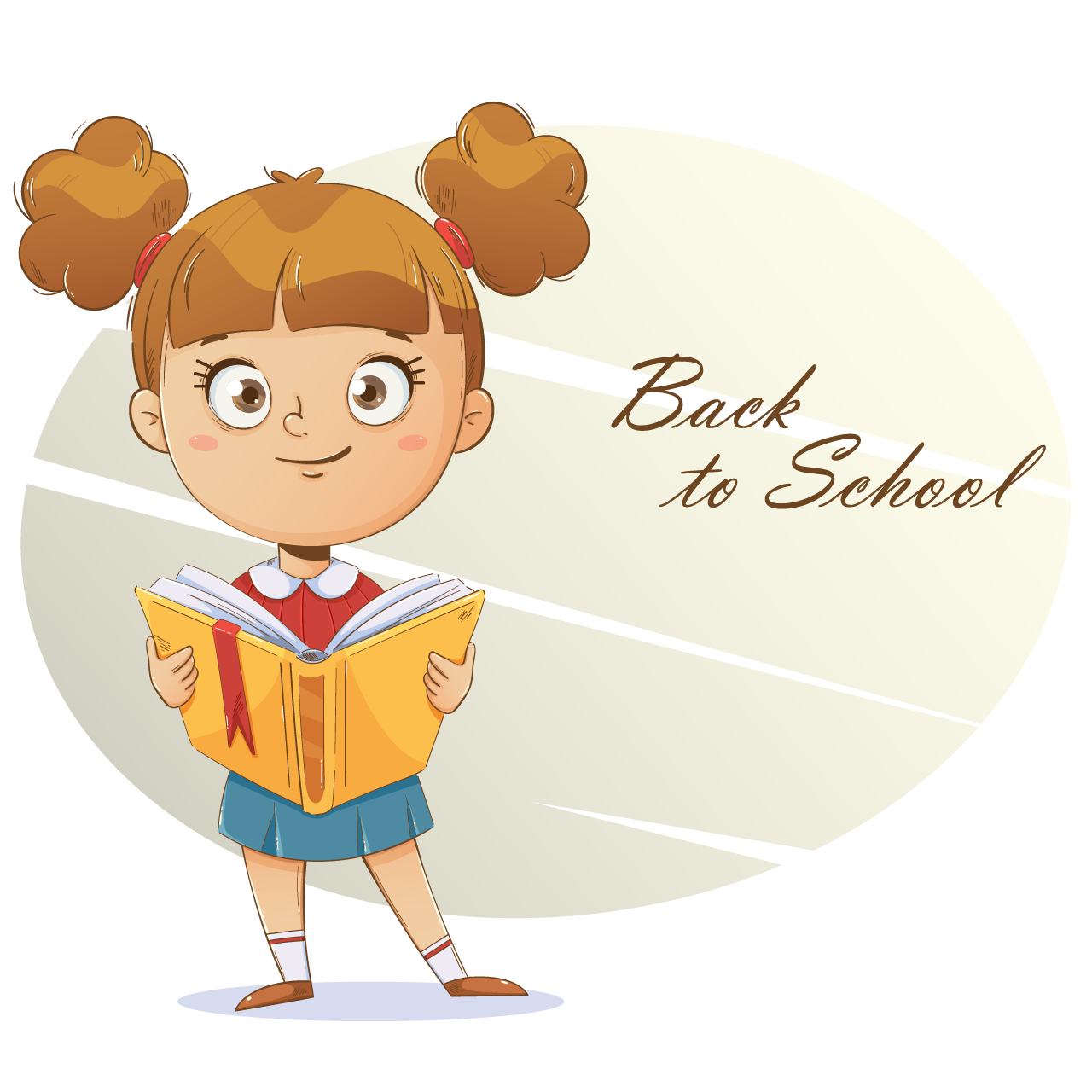 Cheerful schoolgirl holding book funny cartoon character back school concept