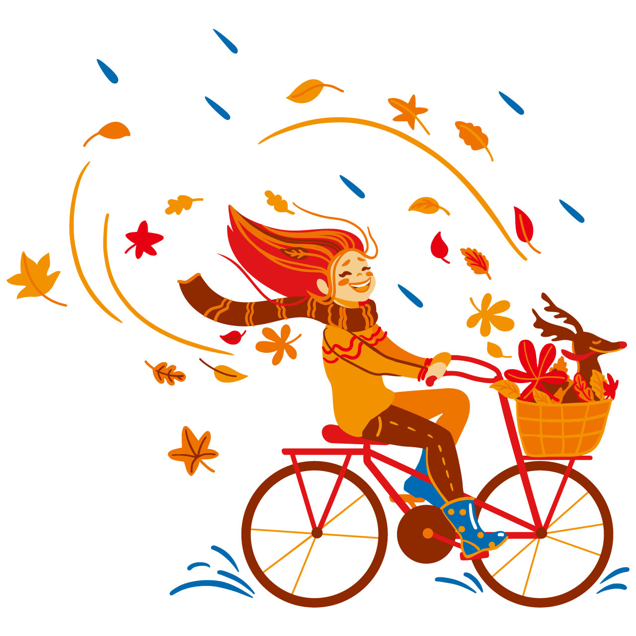 Girl rides bike autumn park with her dog autumn mood illustration
