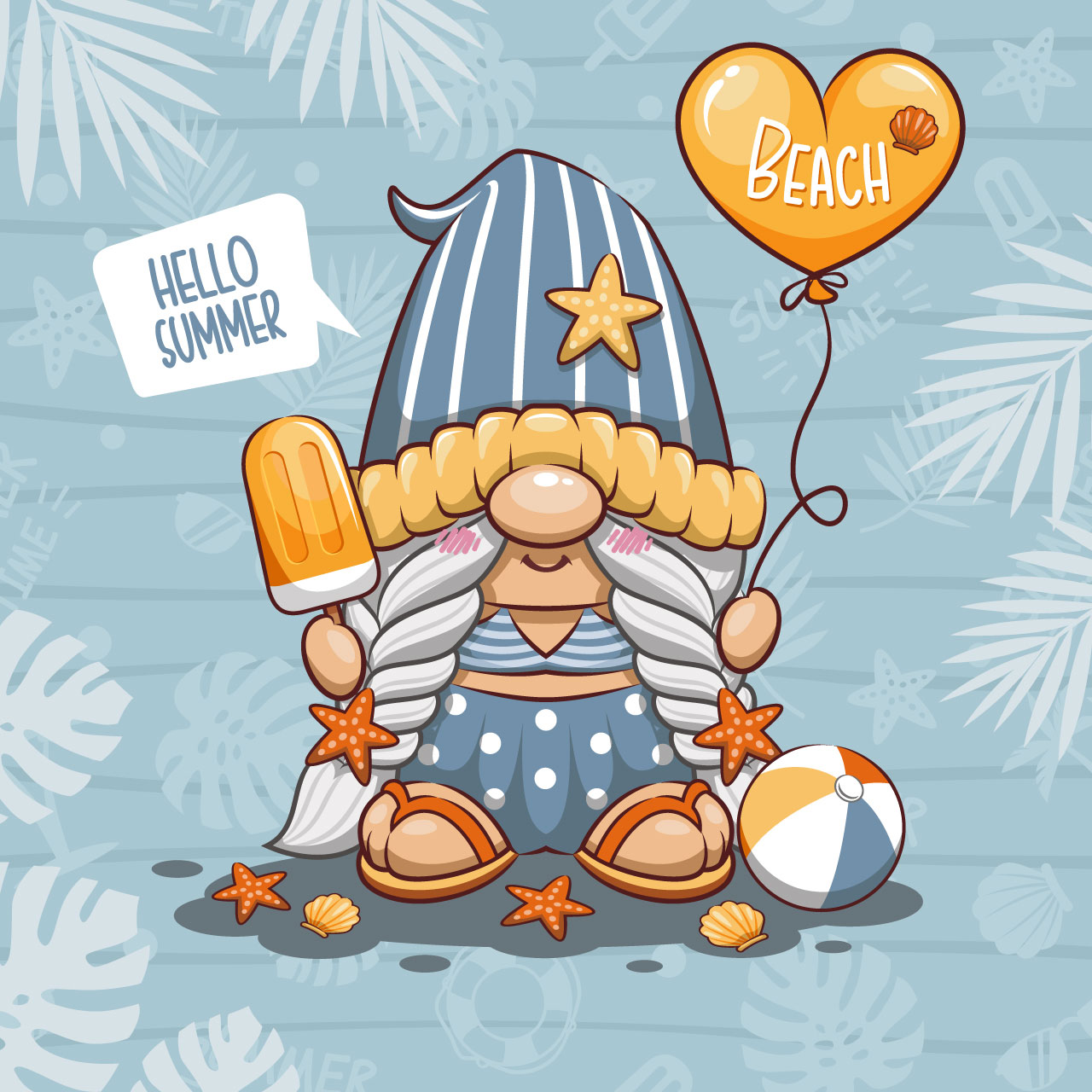 Hello summer cute gnome with ice cream ball balloon blue background cartoon illustration image