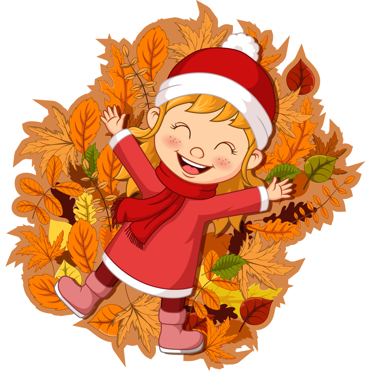 Hi clipart cartoon happy little girl lying autumn leaves cartoon illustration image