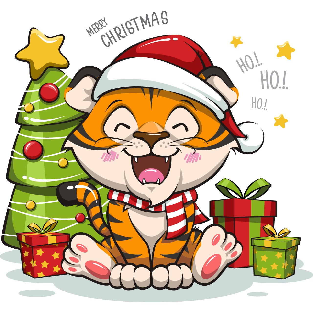 Hi clipart cute cartoon tiger is near christmas tree christmas box hand drawing sketch