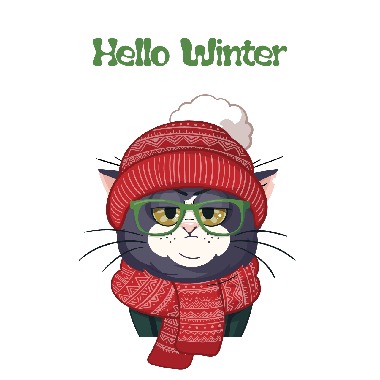 Hi clipart cute gray cat knitted hat scarf hello winter cute character winter