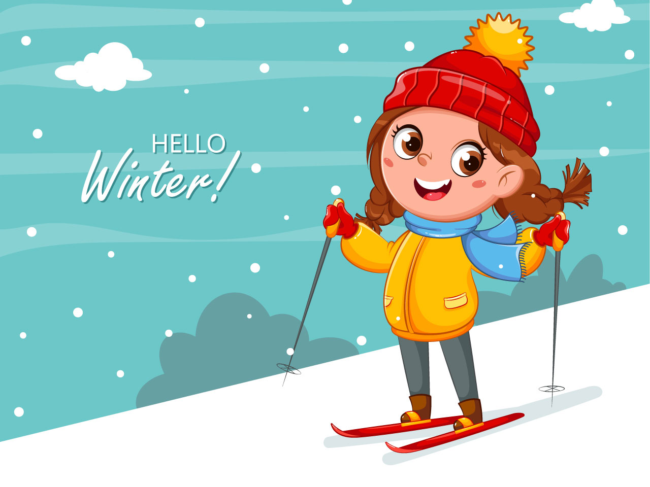 Hi clipart kid skiing cute skier girl cartoon character winter sport hello winter concept cartoon illustration image