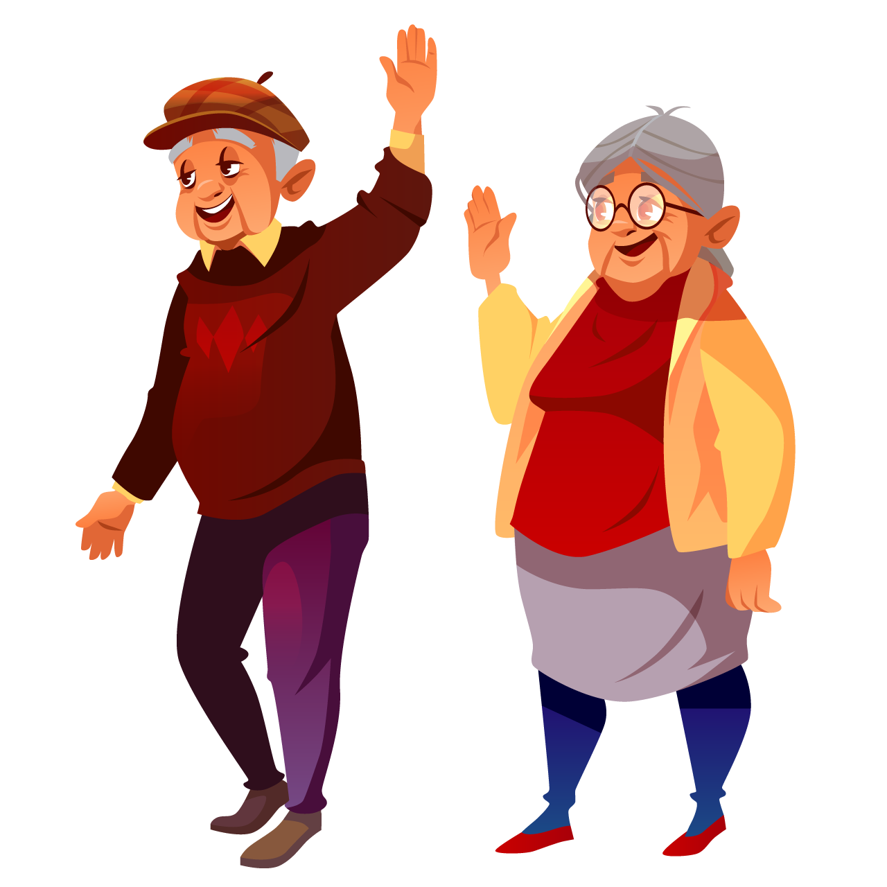 Illustration cartoon elderly man saying hi and woman smiling transparent background