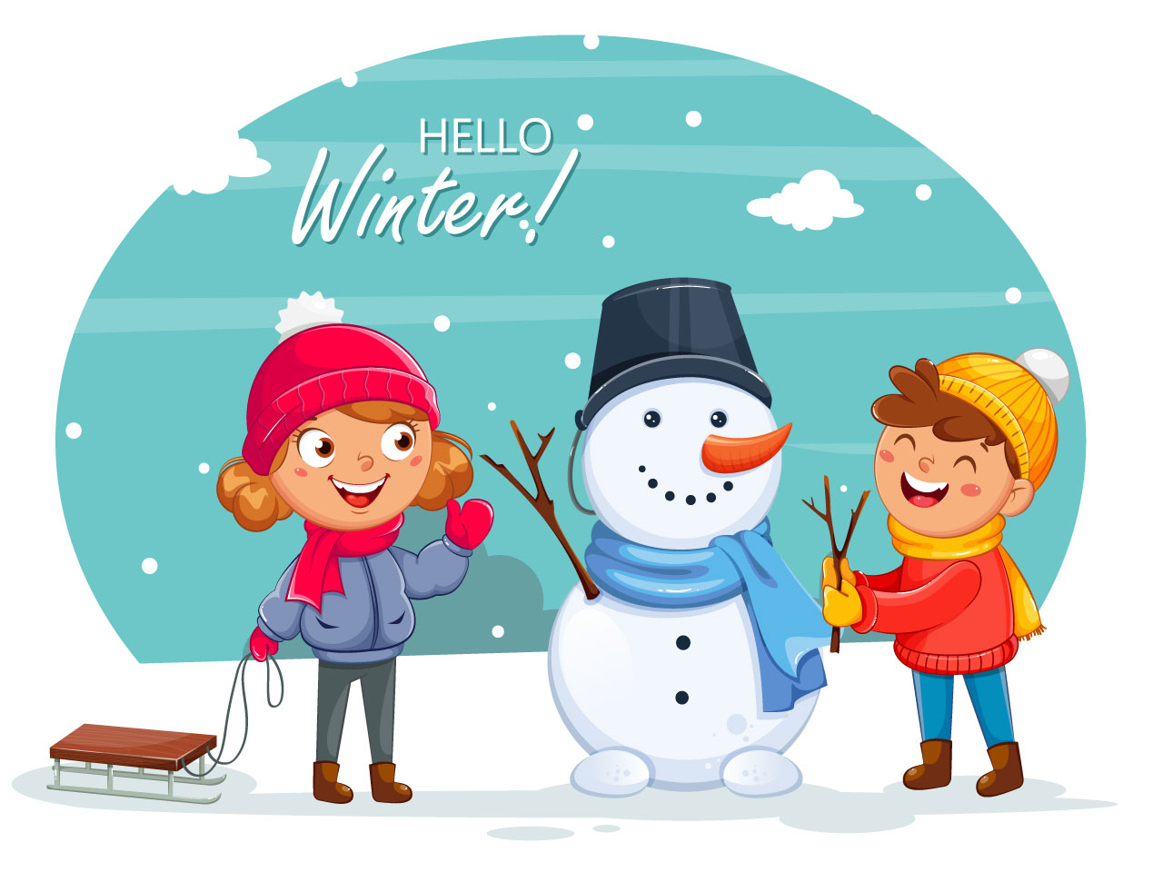 Merry christmas greeting card with cheerful kids playing with snowman cute cartoon characters hello winter illustration