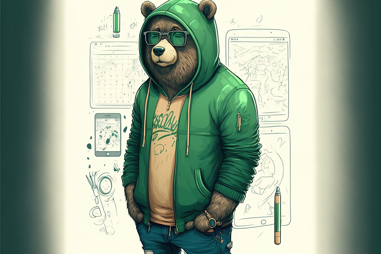 Bear standing dressed green sweater with hood jeans