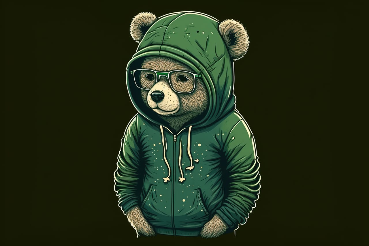Bear stands dressed green sweater with hood jeans