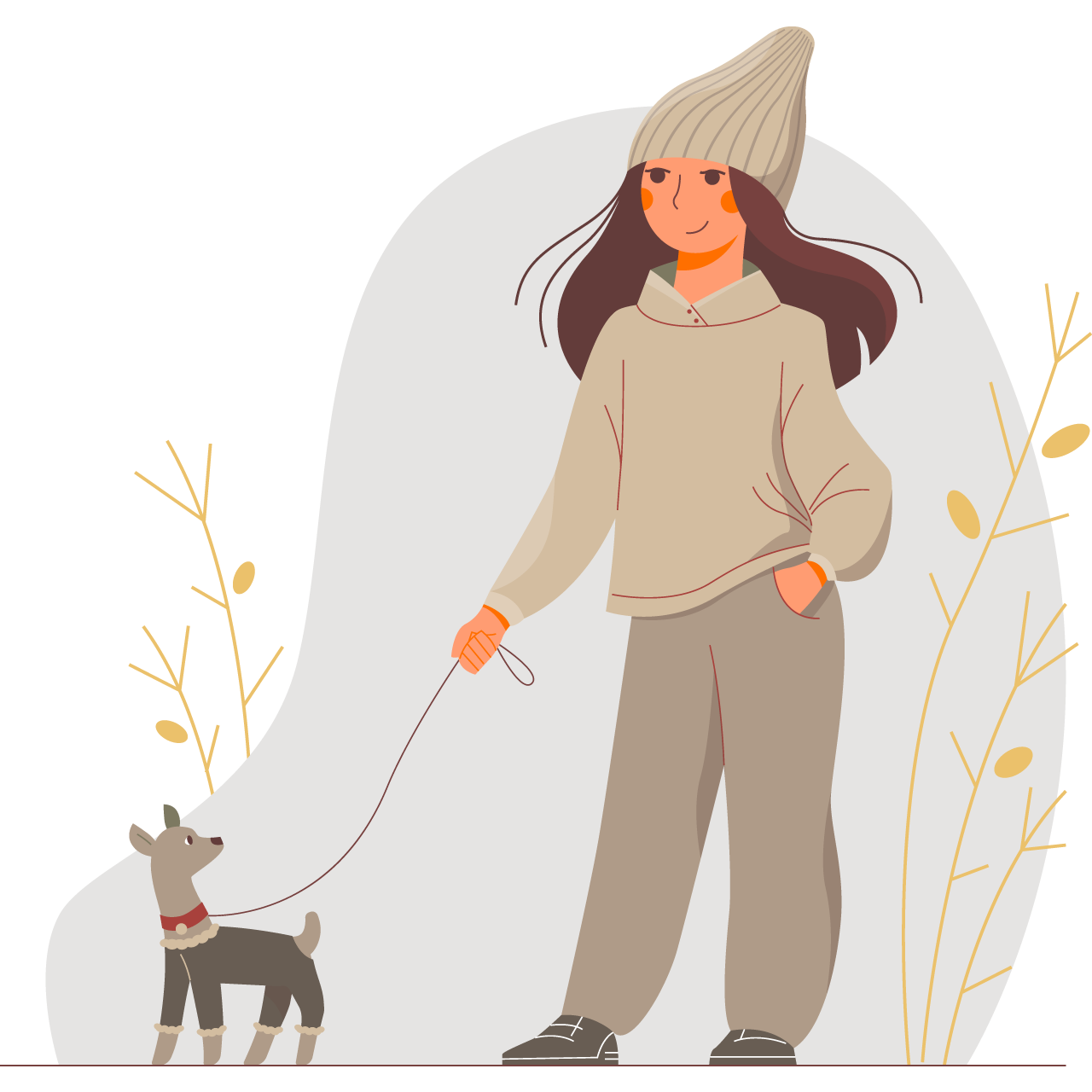 Cute cartoon young woman hoody walking with her little dog