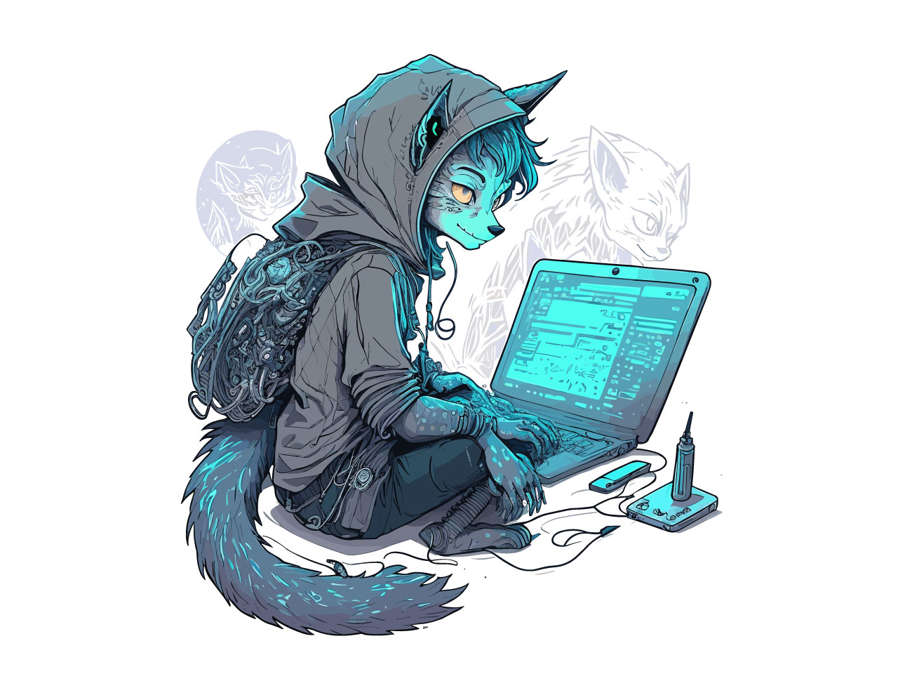 Fox wearing dark hoodie using laptop clipart image