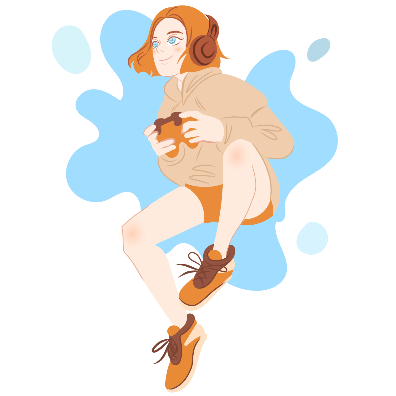 Girl plays computer games redhaired girl with joystick shorts white hoodie orange short shorts sneakers red knees illustratoin flat style