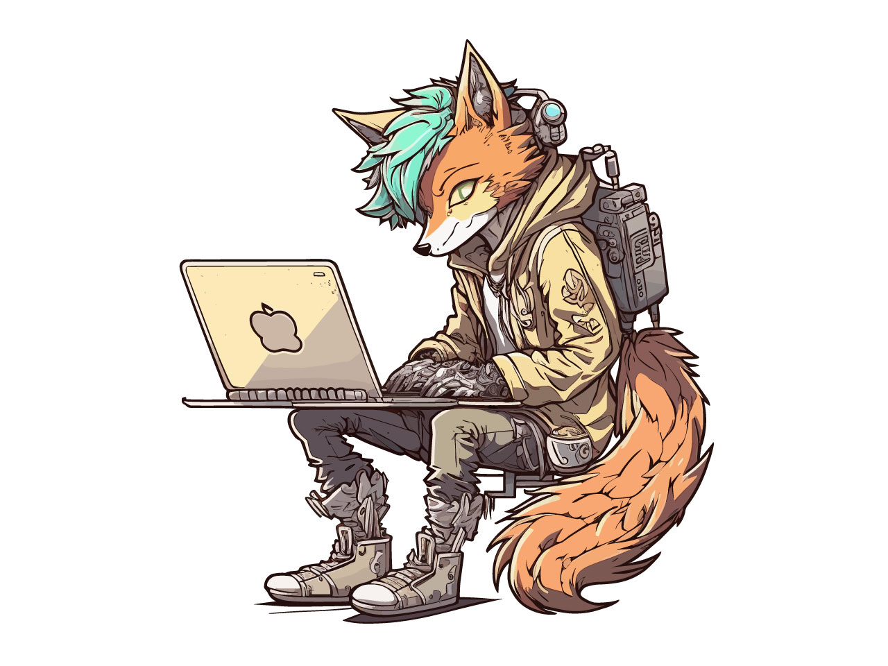 Hoodie clipart fox beige hoodie using laptop cartoon illustration