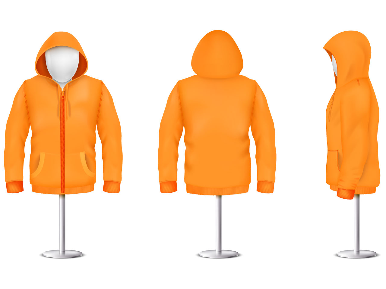 Realistic orange hoodie with zipper mannequin metal pole casual unisex model