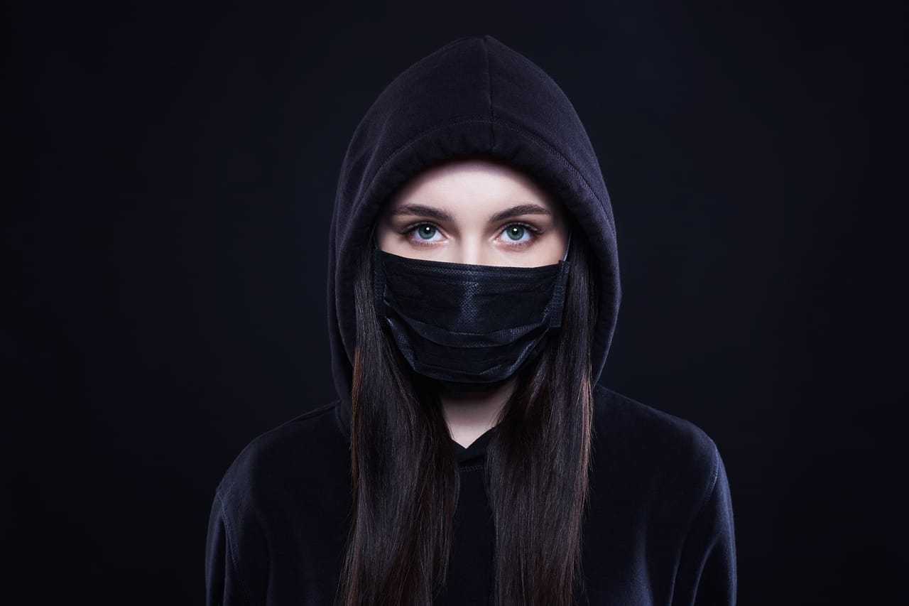 Related image young woman mask hood girl black mask hoodie