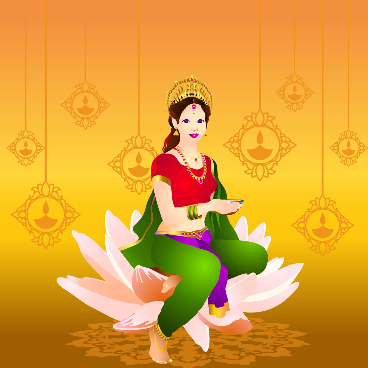 Indian clipart beautiful girl dressed like lakshmi holding lamp