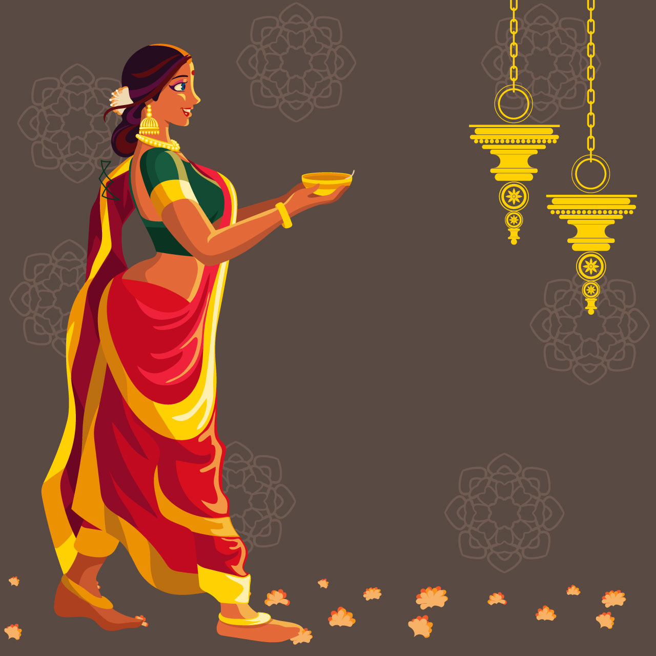 Indian clipart beautiful girl with bright diwali lamp hand drawing sketch