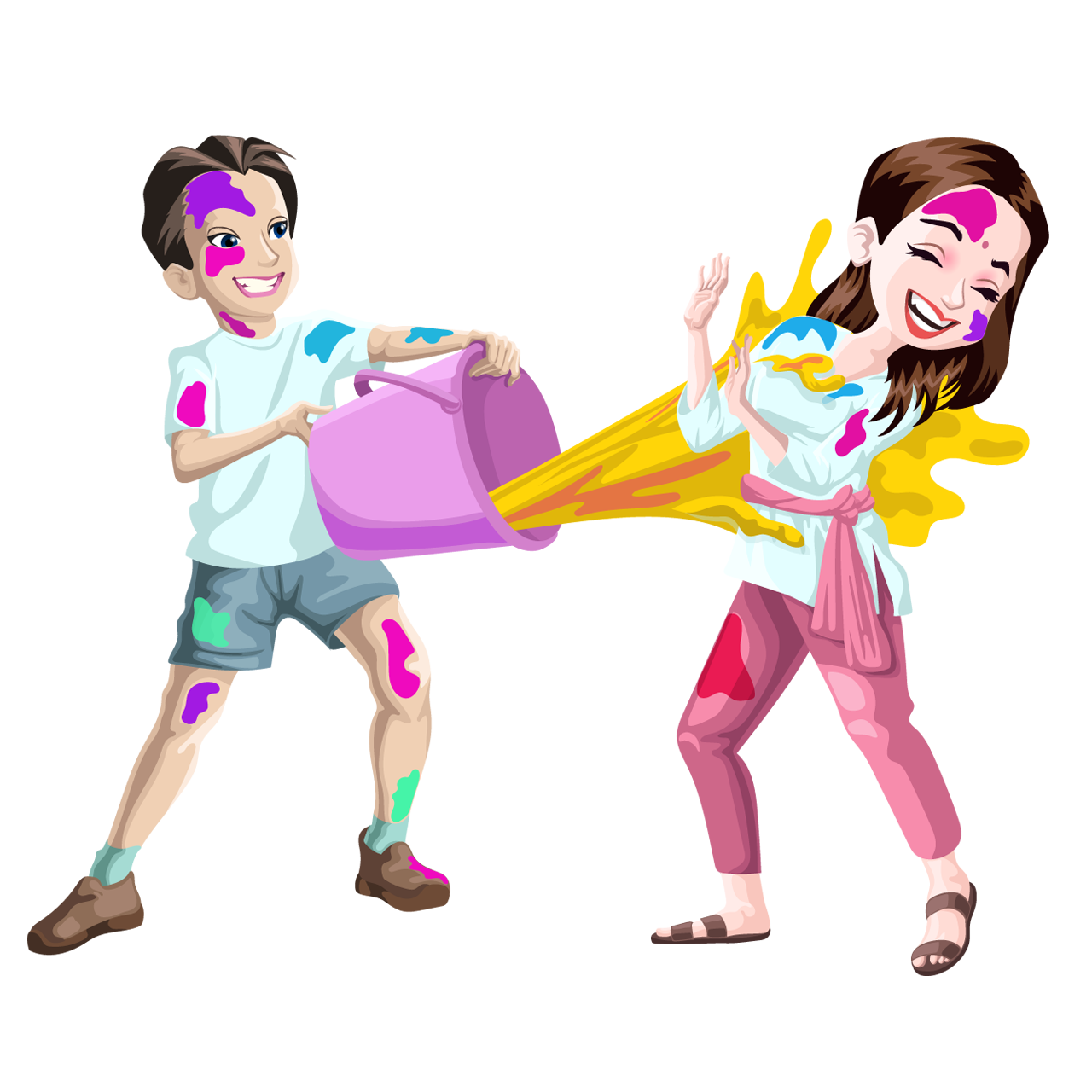 Indian clipart holi greetings with cheerful boy girl playing with colors