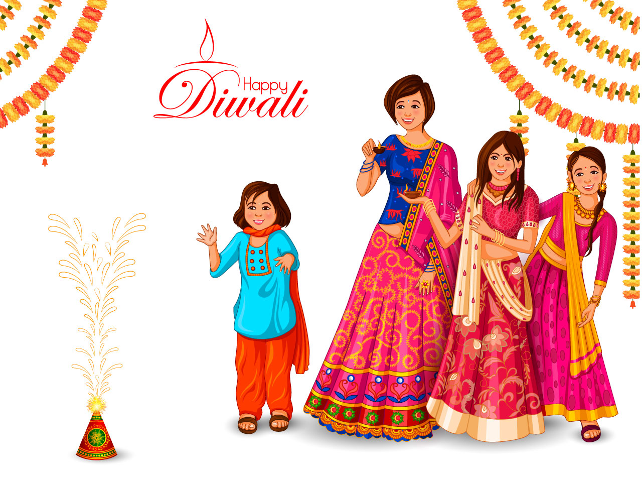Indian family people celebrating happy diwali festival hand drawing sketch