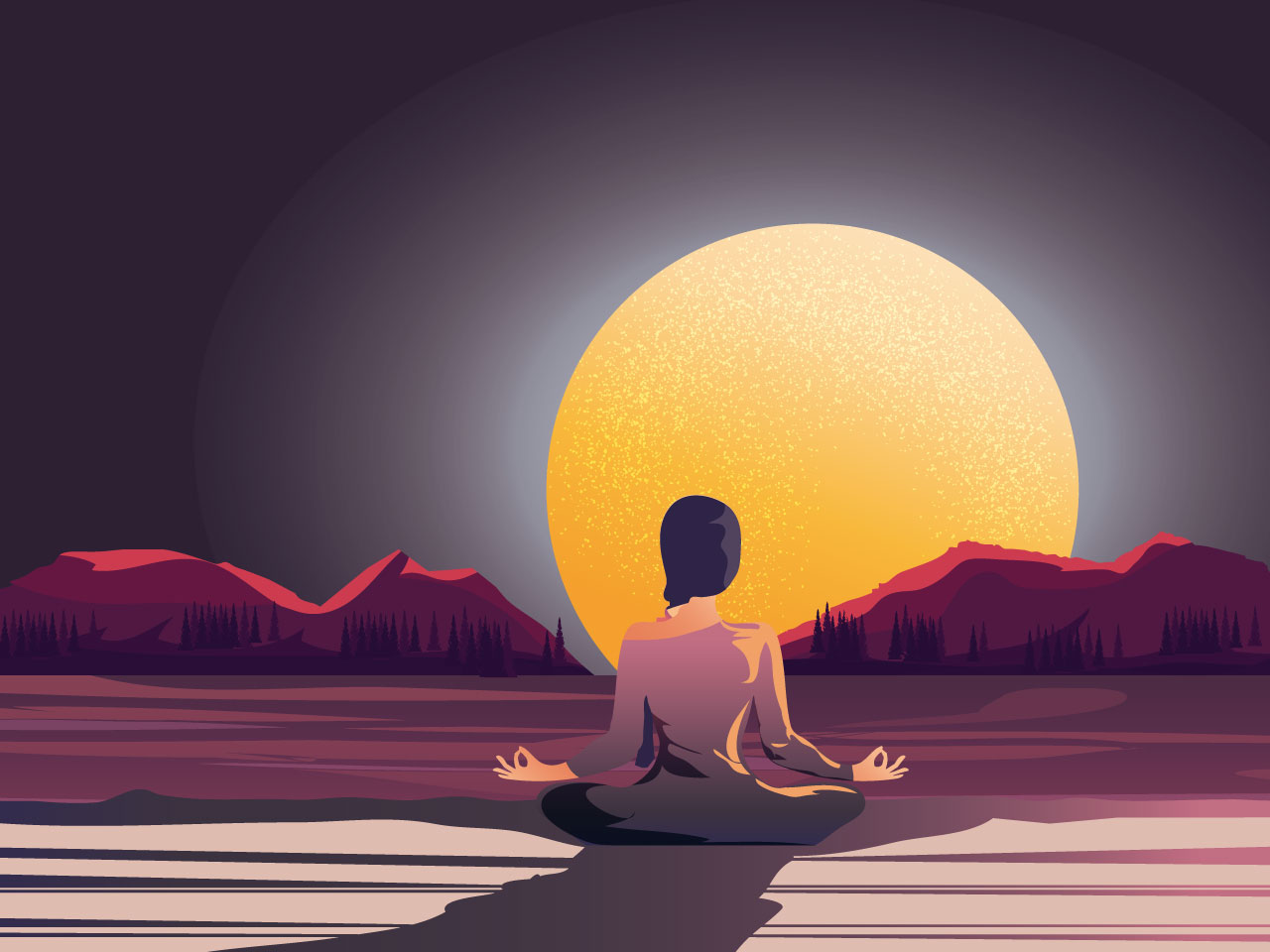 Indian women night time meditation by nature cartoon illustration image