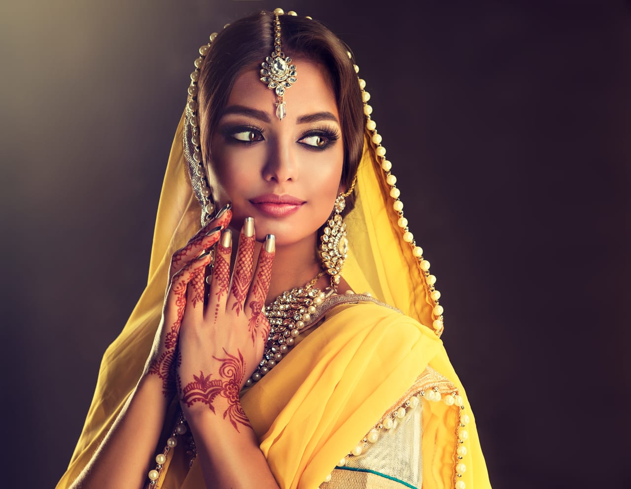 Related image black haired indian young woman put posh outfit lehenga choli veiled head splendid makeup