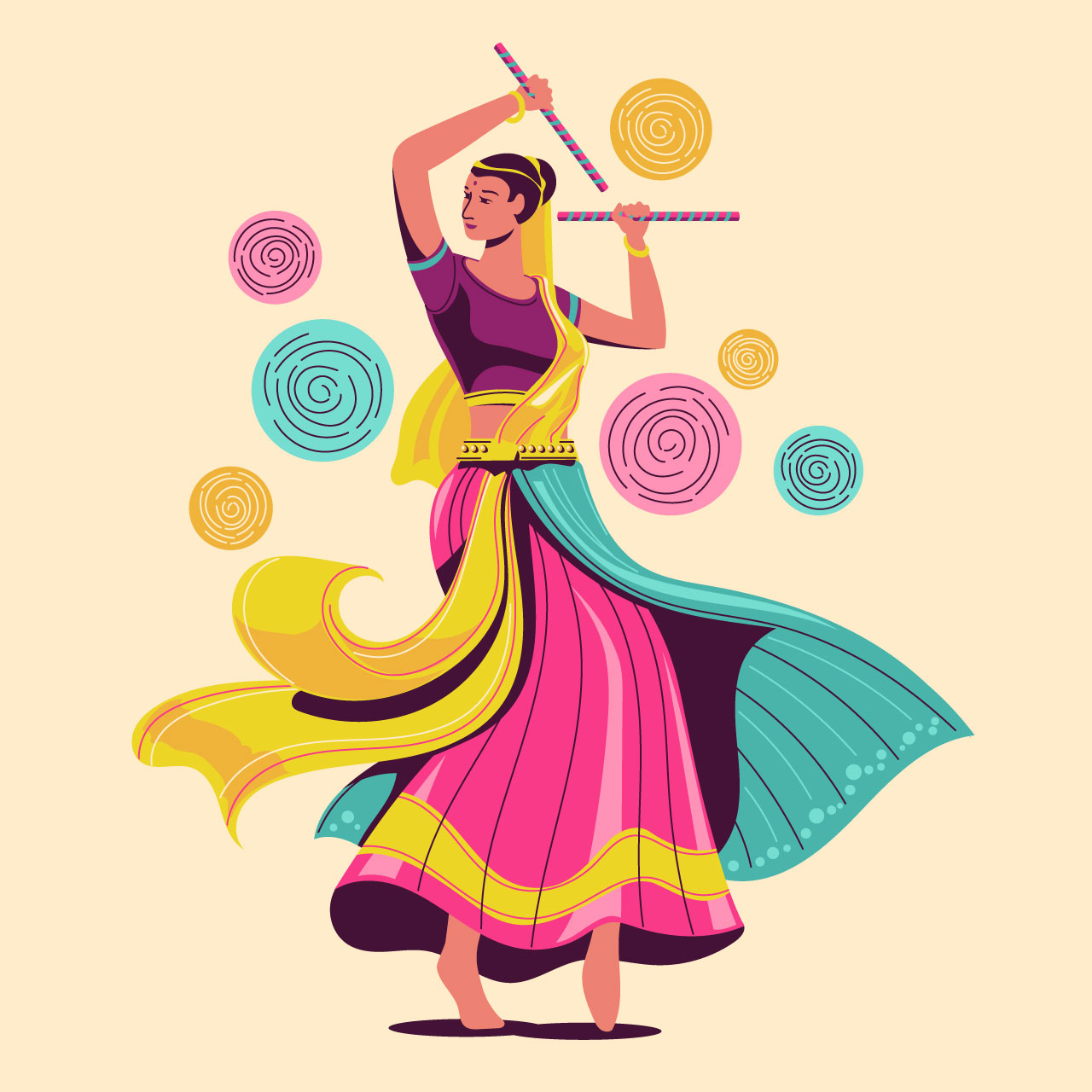 Illustration woman playing garba festival dance hand drawing sketch