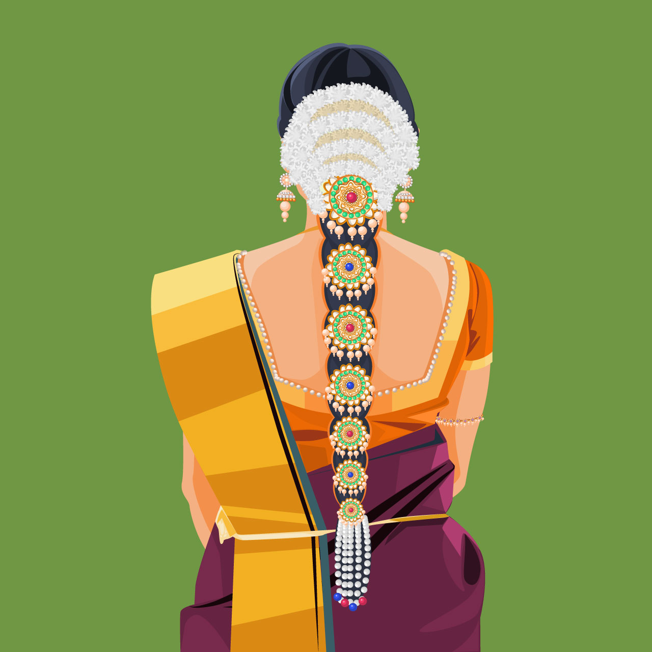 Indian bride traditional hairstyle with saree cartoon illustration image