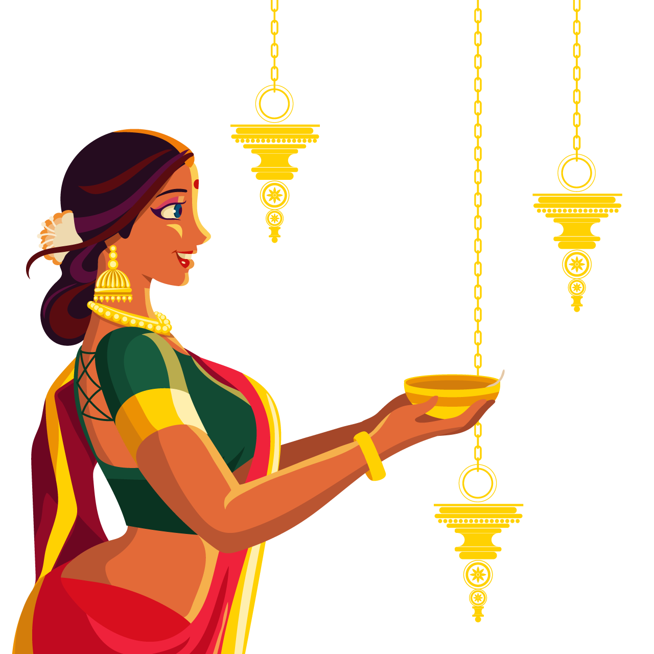 Indian wedding clipart beautiful bride holding diwali lamp golden hanging lamp