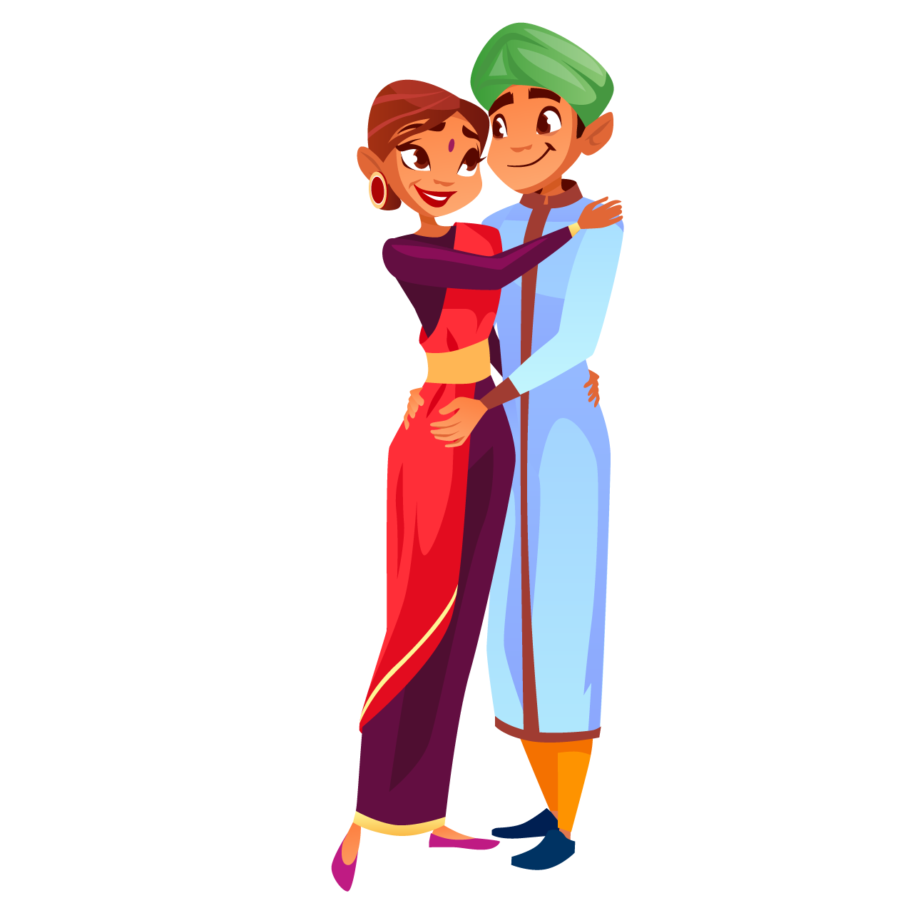 Indian wedding couples hugging expressing cartoon illustration image