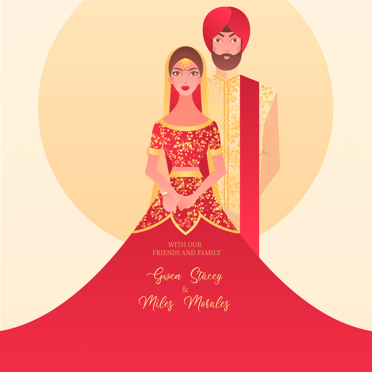 Indian wedding invitation with characters cartoon illustration image