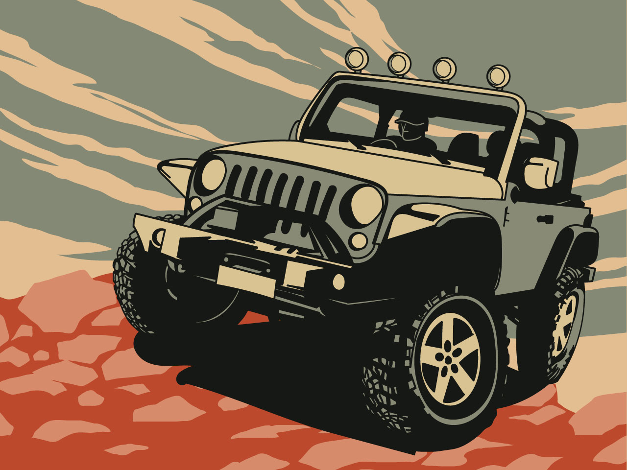 Adventure jeep cartoon illustration hand drawing sketch