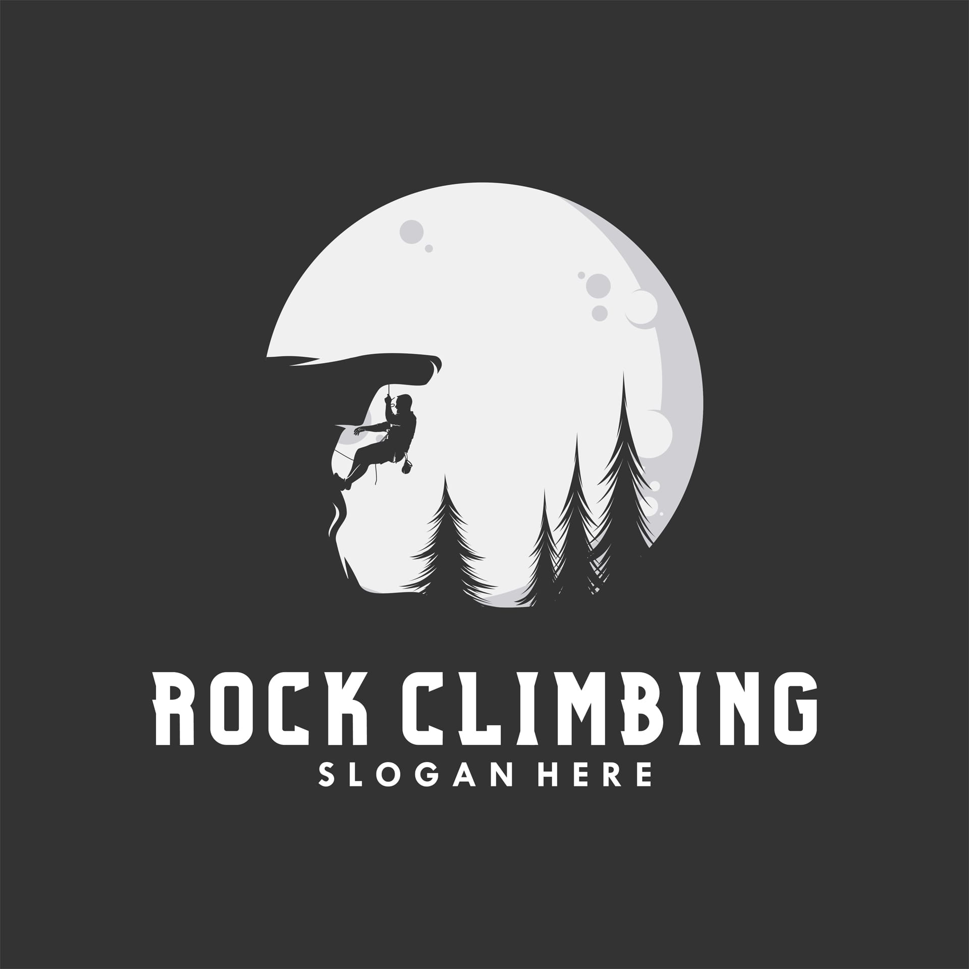 Silhouette rock climbing man with moon graphics