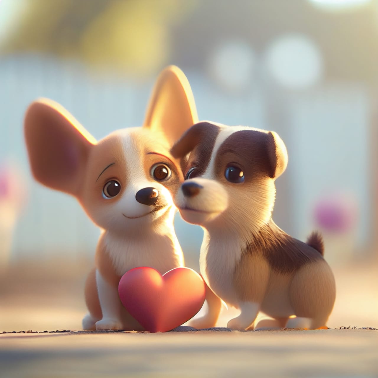Cute dogs couple love with hearts 3d render illustration