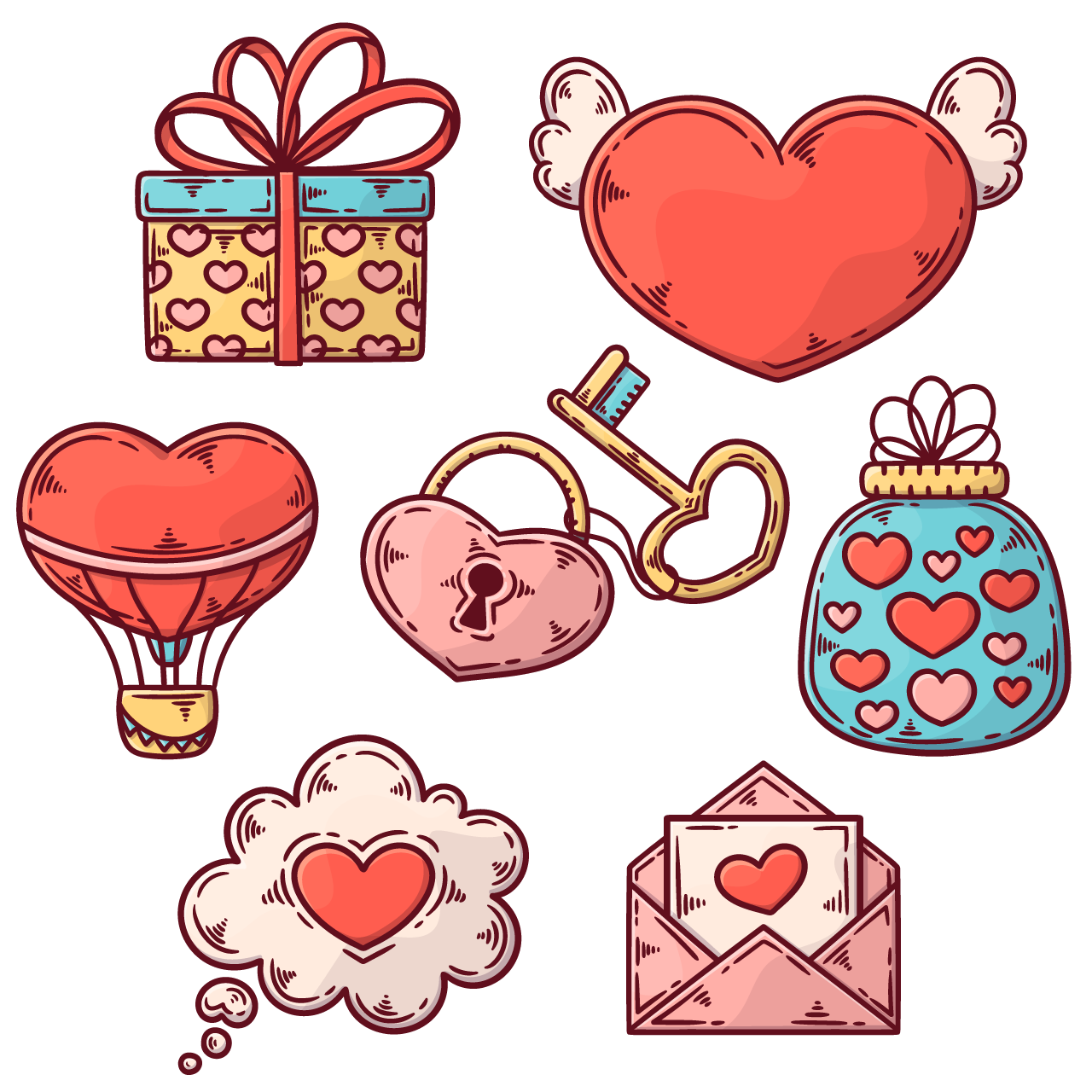Love heart clipart hand drawn valentines day elements collection
