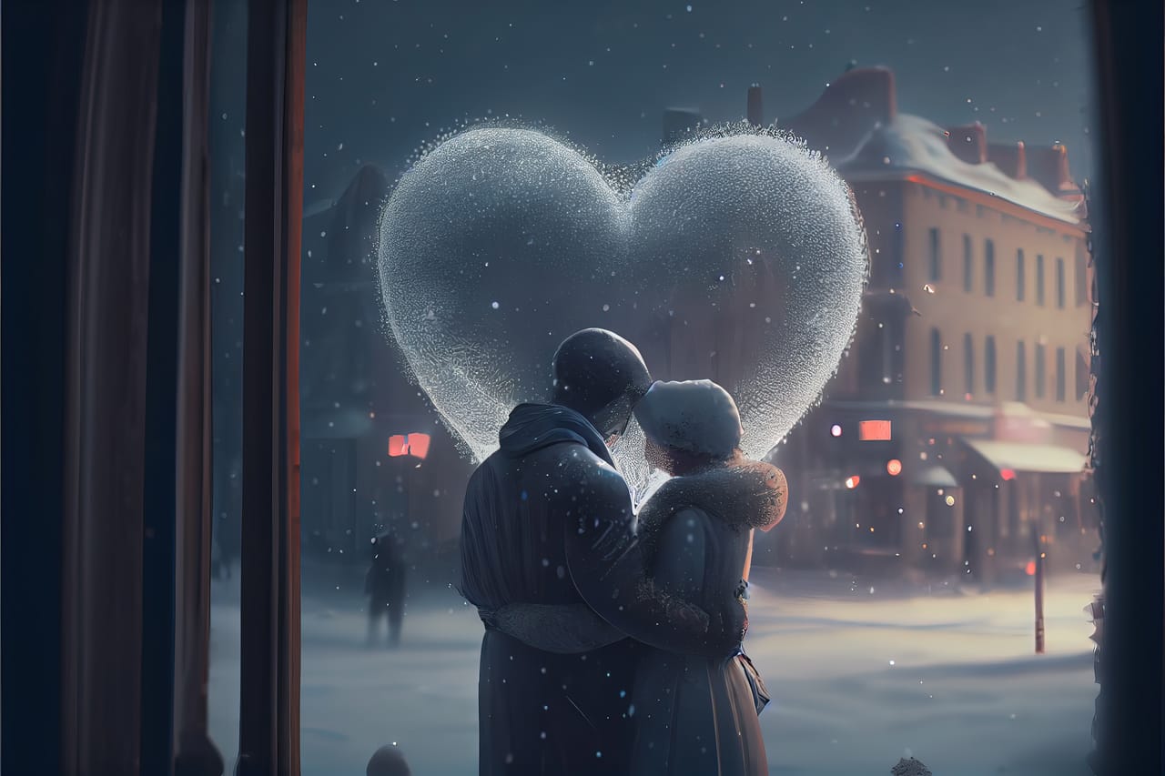Related image blizzard love couple kissing snow big heart love valentine day concept neural network generated