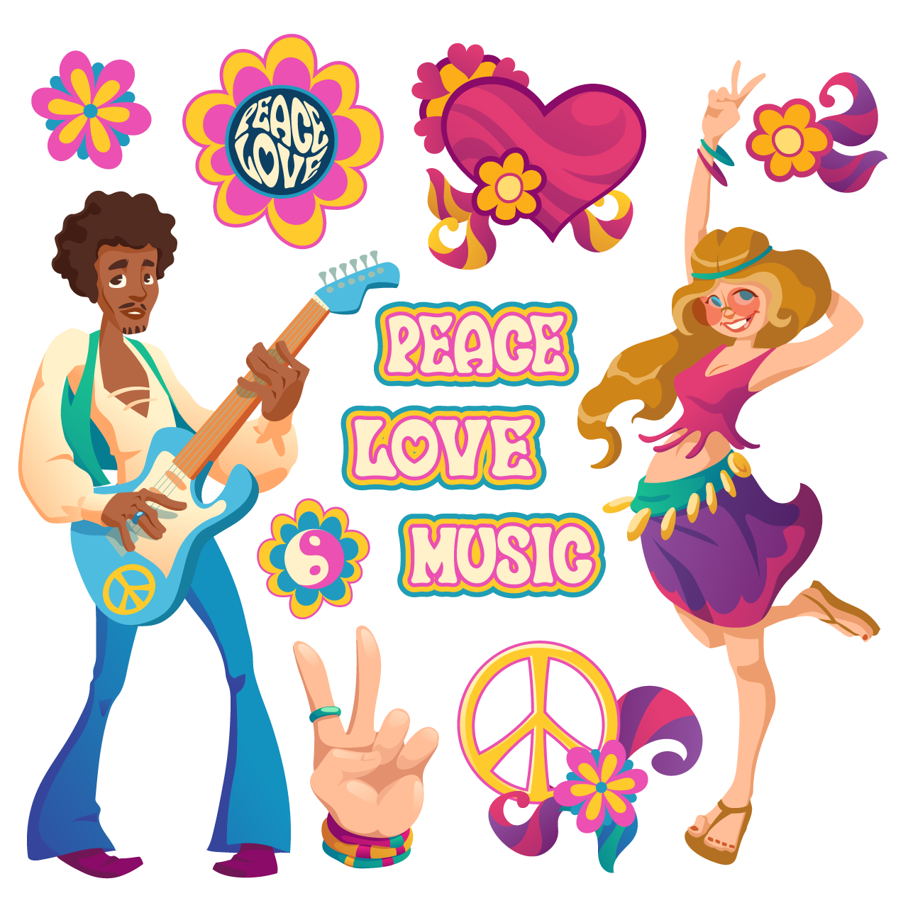 Set symbols hippy culture with hearts flowers hand gesture happy woman man with guitar isolated