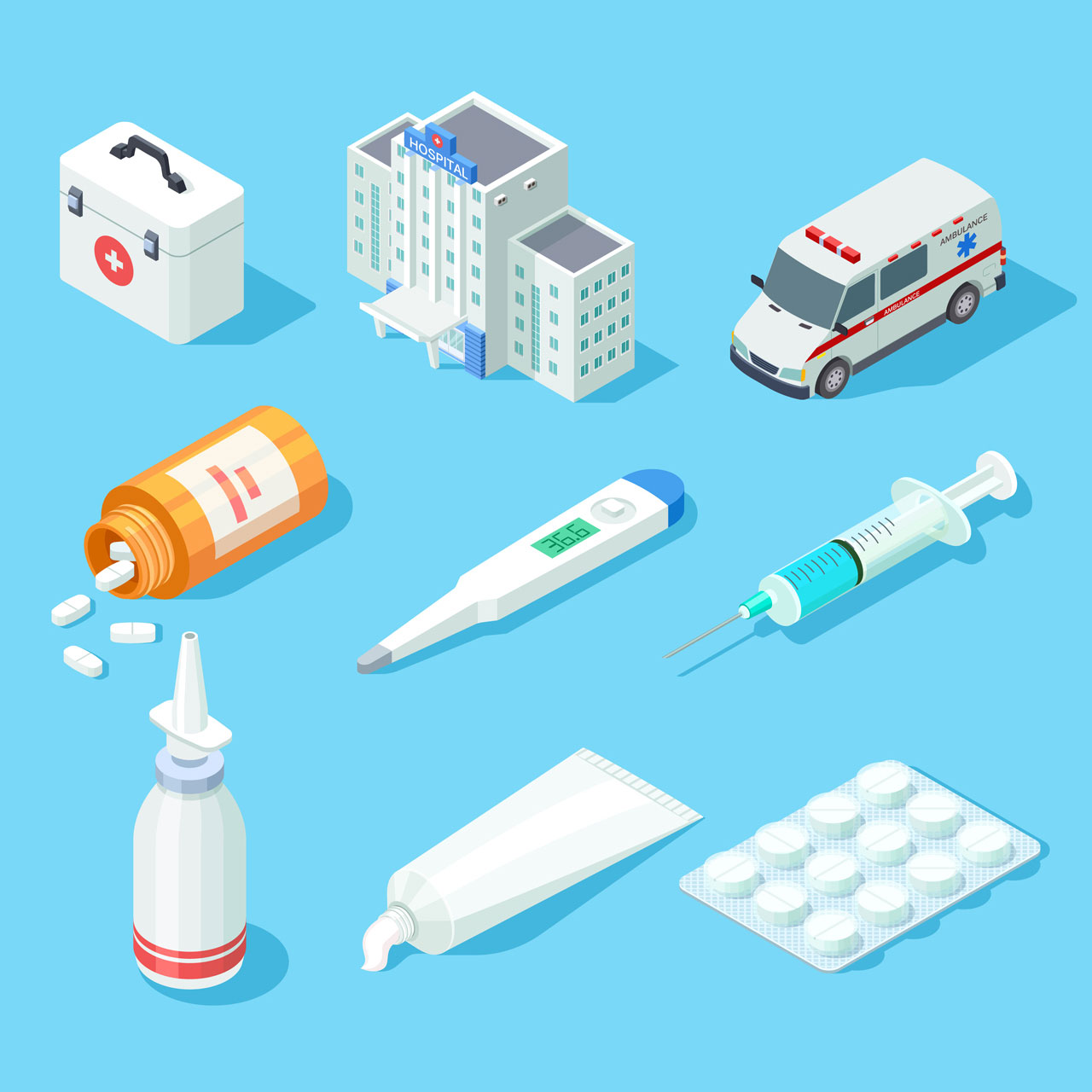 First aid kit medical pharmacy oral spray medicines pills ambulance car hospital building isometric isolated set