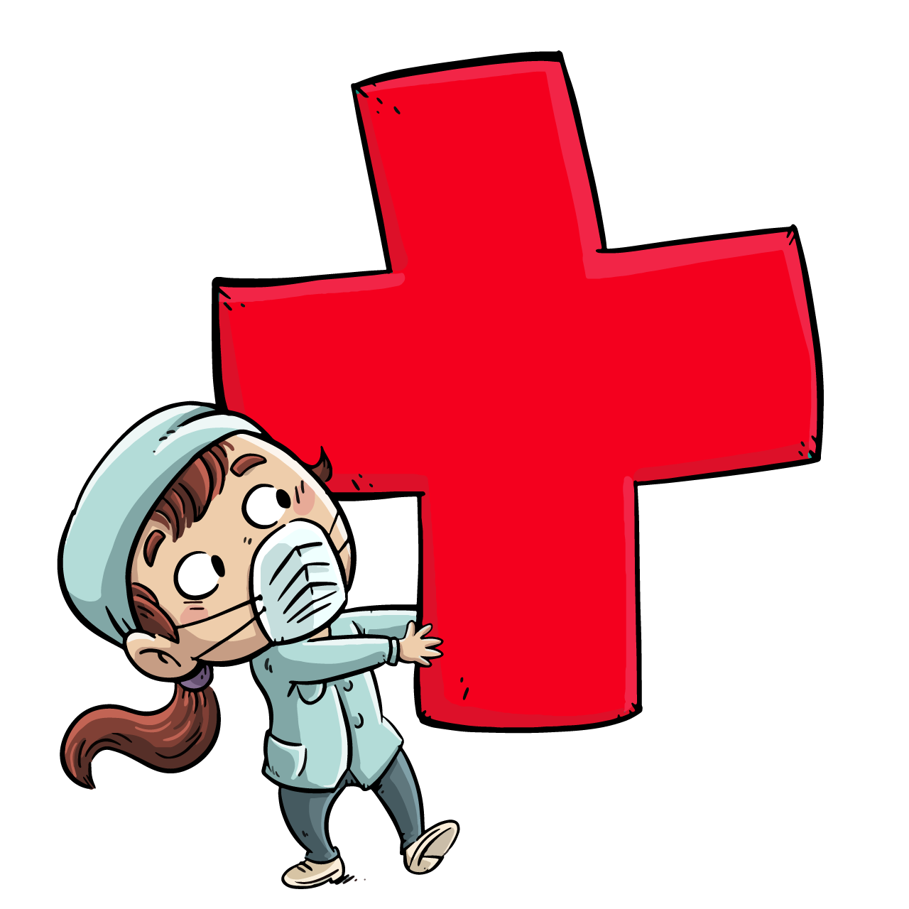 Nurse girl with giant green cross cartoon illustration image transparent background png