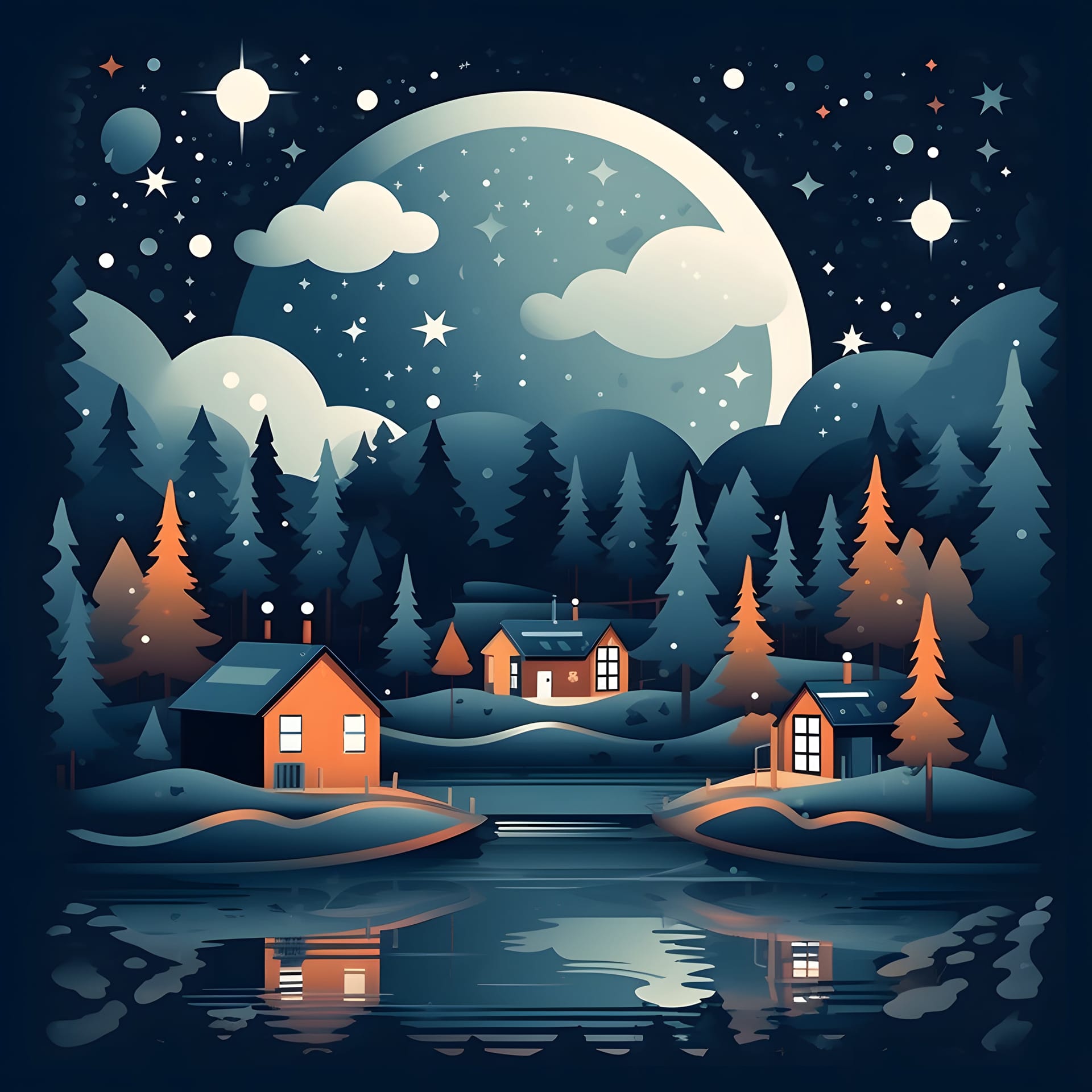 Digital illustration small village surrounded by trees full moon