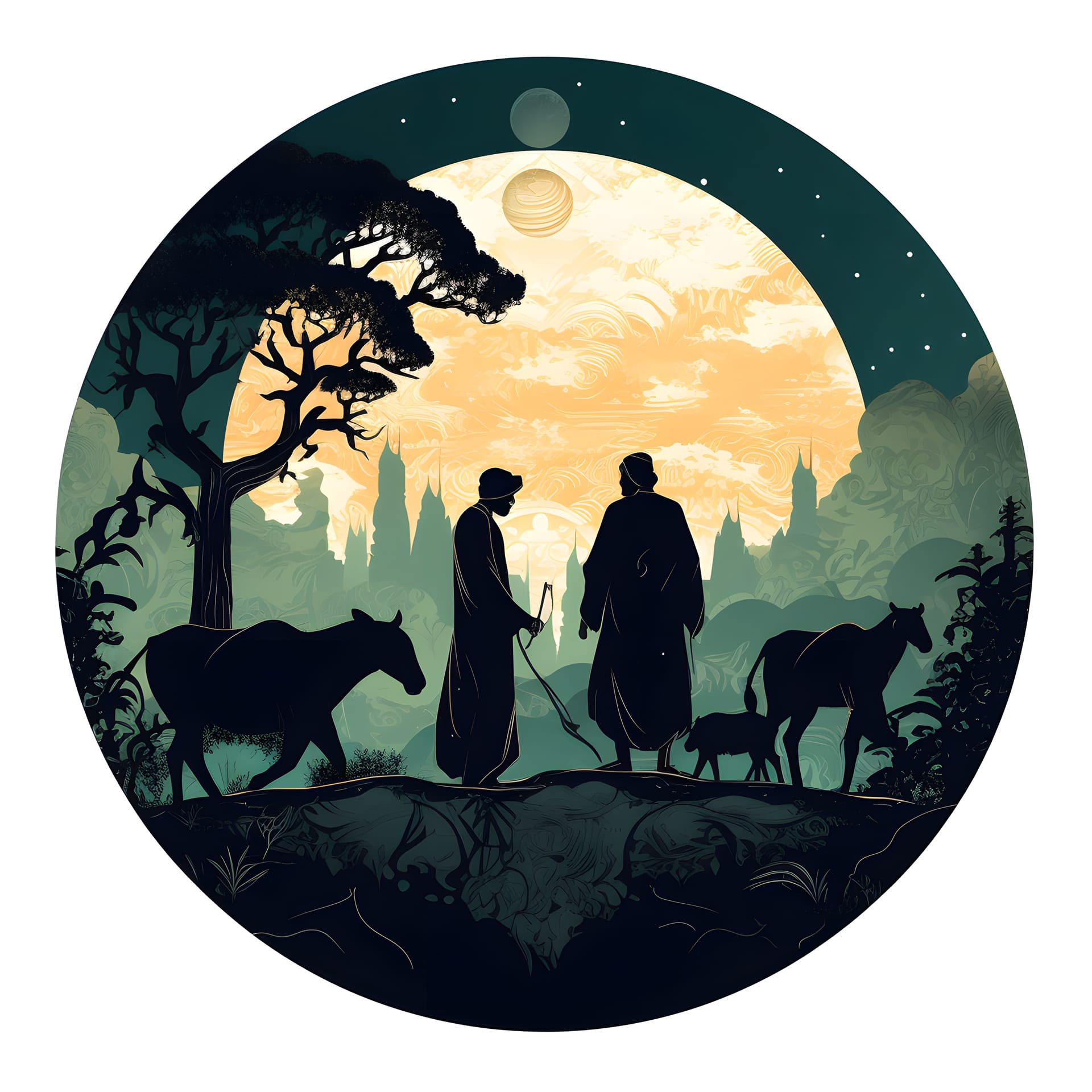 Drawing two men walking field with moon background