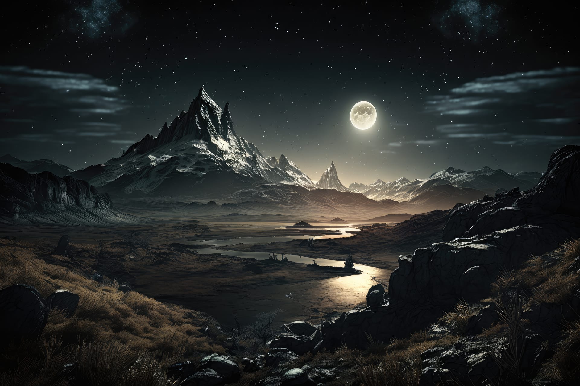 View mordor landscape with light moon stars shining land