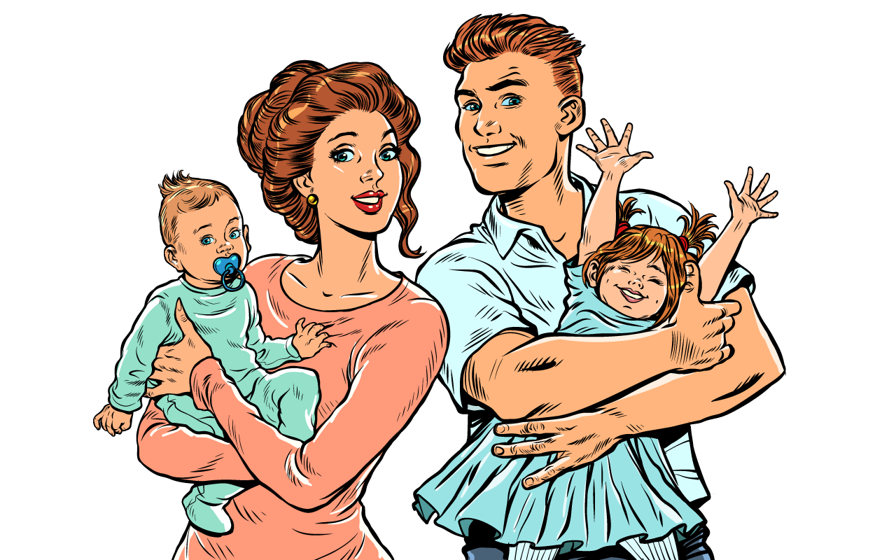 Family mom dad with children their arms pop art retro transparent background png