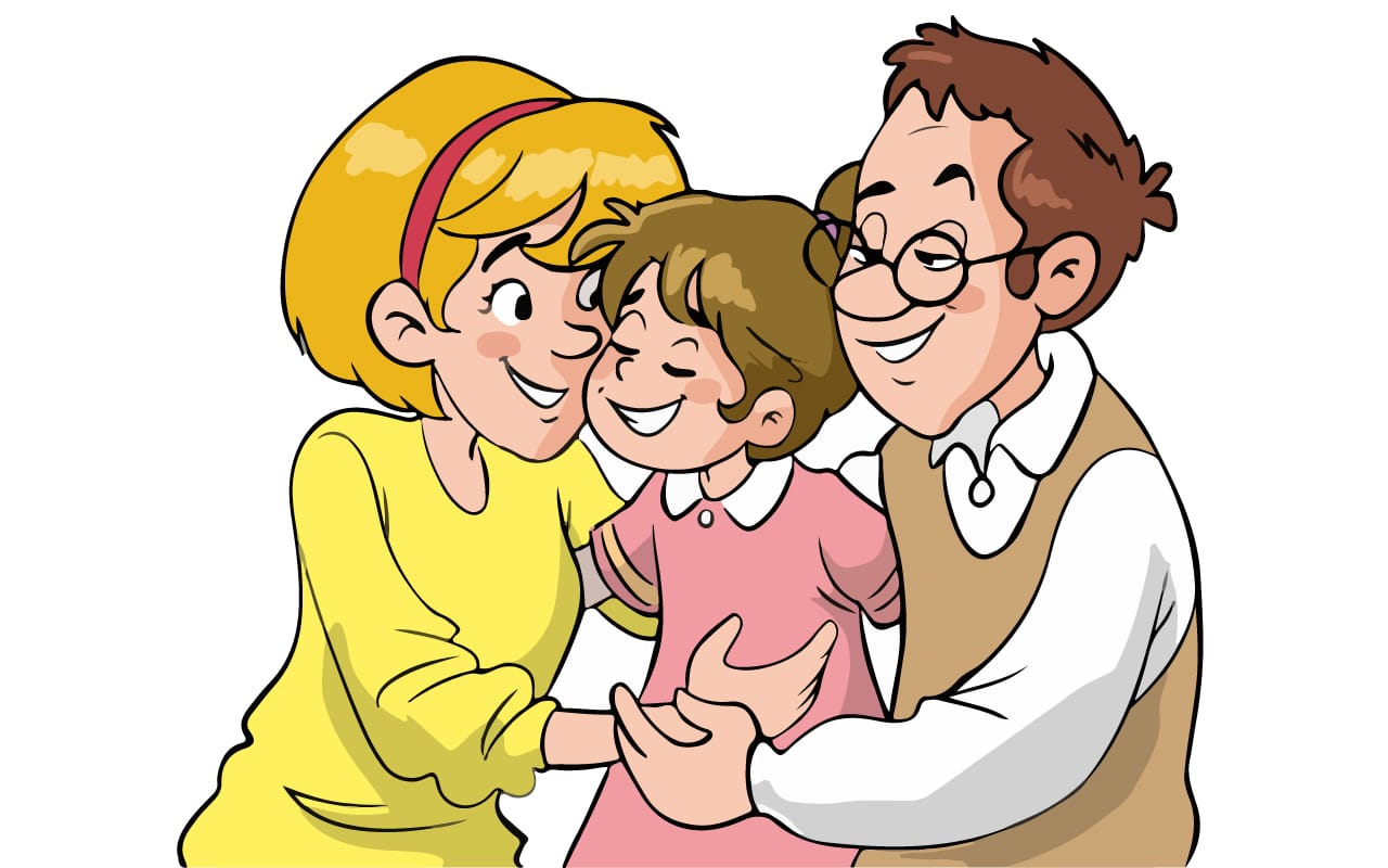 Happy cute family hugging each other cartoon image