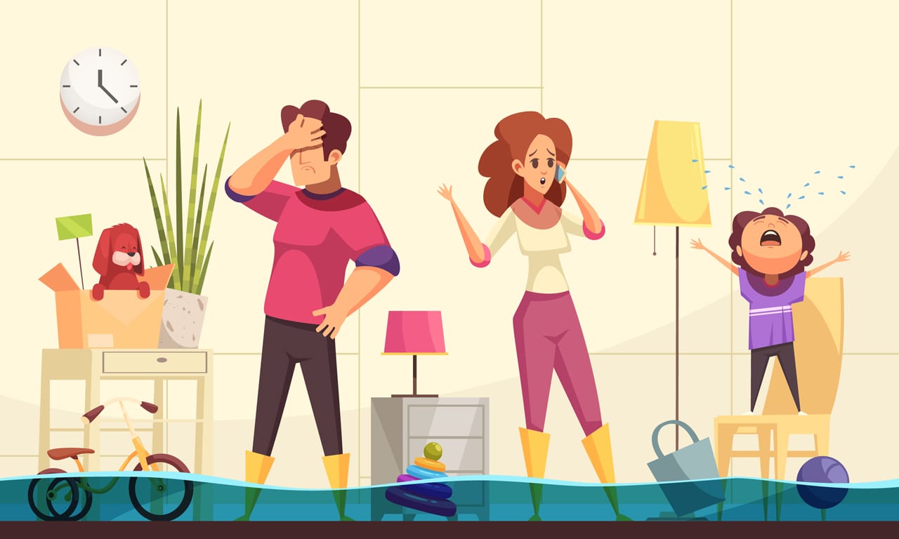 My family clipart flooded house emergency flat cartoon with family home calling plumber fix burst pipes